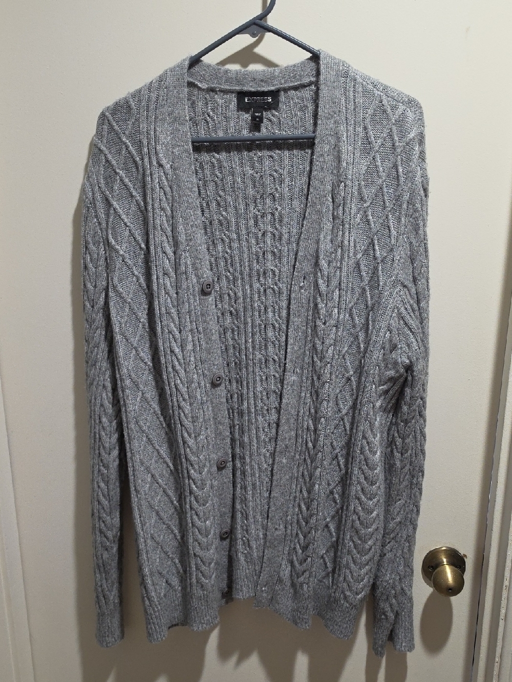 Express Men's Light Gray Cable Knit Button-Up Cardigan